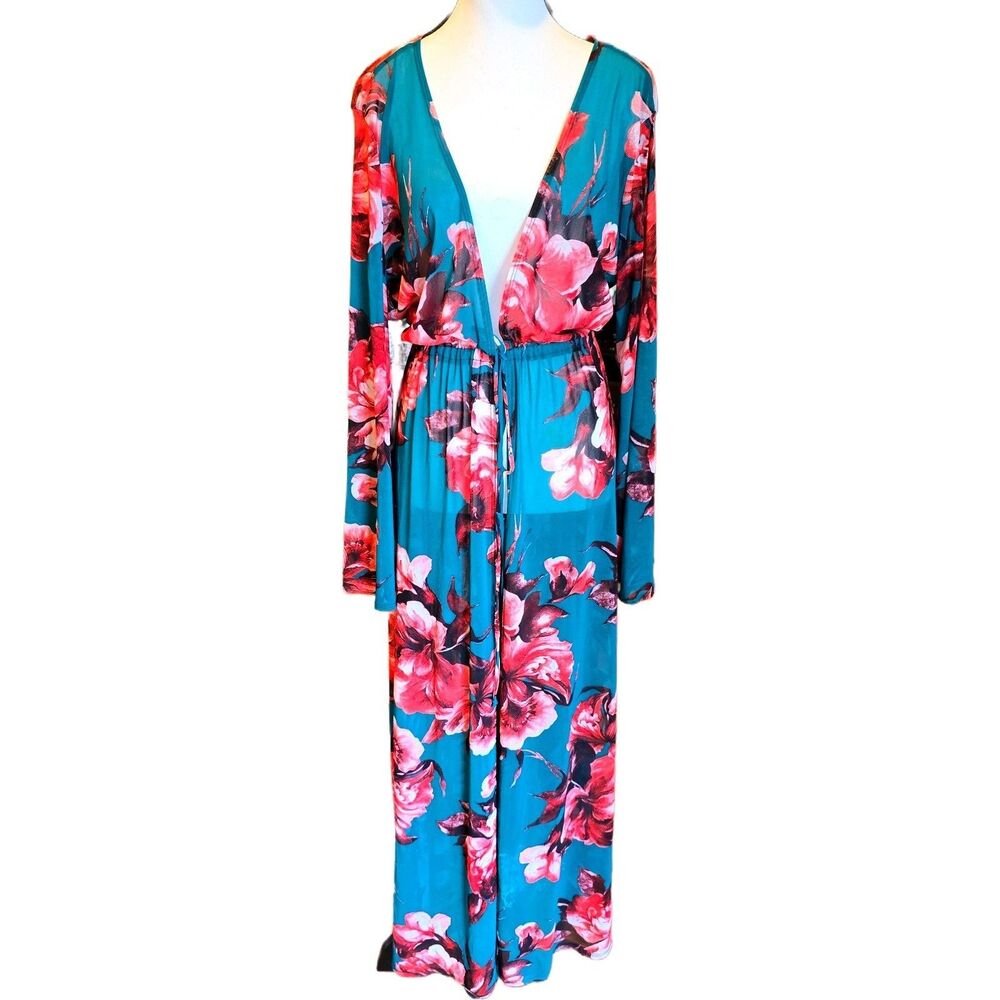 Floral Mesh Maxi Duster Cardigan K Glam One Size Fits Most Womens Teal Kimono 1X